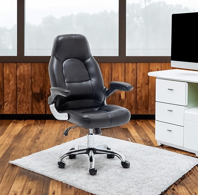 BTEXPERT Swivel Adjustable Black Home Office Gaming Chair Executive Flip up Arms with Lumbar Support Headrest PU Leather Executive High Back for Computer Adults Women Men