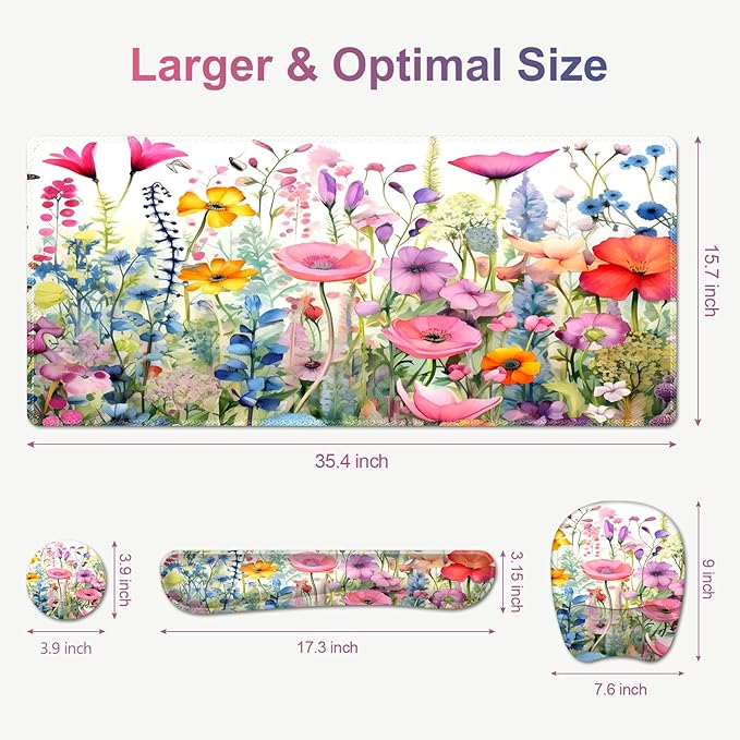 Large Mouse Pad with Wrist Support 4in1 Set XXL Game Mousepad +Keyboard Wrist Rest+Mouse Wrist Rest+Coaster Ergonomic Design Gaming Mat for Home Office Table Computer I Gorgeous Rose Plants