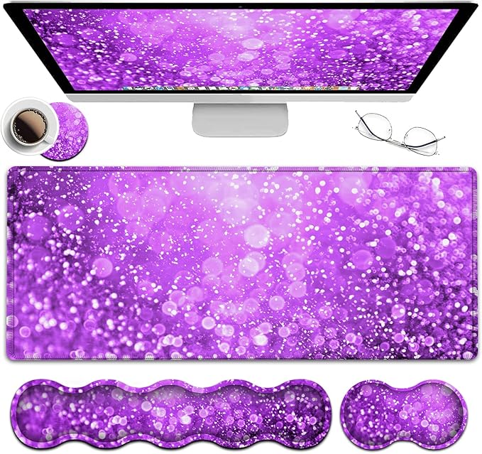 Large Gaming Mouse Pad (31.5x11.8 in) Rubber Base XXL Mousepad with Stitched Edges Ergonomic Keyboard Wrist Rest Extended Mouse Mat Desk Pad for Work Game Office Purple Mousepad