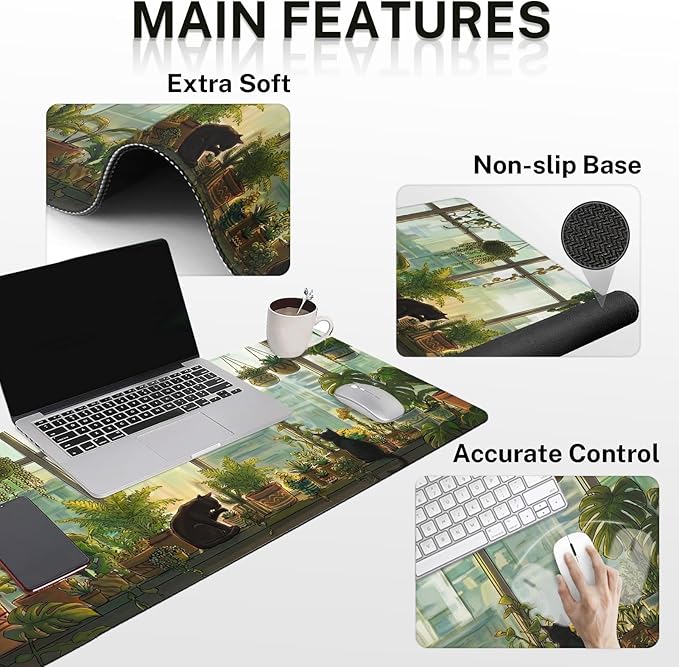 Britimes Cute Cat Keyboard Mouse Pad Set Green Plants 4in1 Large Mousepad+Keyboard Wrist Rest+Mouse Wrist Rest+Coaster Ergonomic Design for Home Office Computer 35.4x15.7 inches