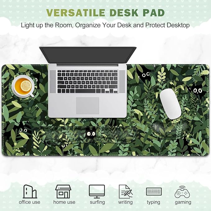 Large Desk Mat Cute Anime Cats Gaming Mouse Pad Desk Pad Protector XXL Mousepad + Keyboard Wrist Rest+Mouse Wrist Rest+Coaster Set with Ergonomic Desk Pad for Home Office PC Computer Green Leaves