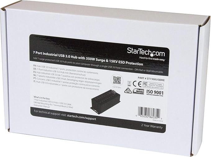 StarTech.com 7-Port USB 3.0 Hub with Power Adapter - Metal Industrial USB-A Hub with ESD &amp 350W Surge Protection - Din/Wall/Desk Mountable - High Speed USB 3.0 (5Gbps) - Hub  TAA (HB30A7AME)