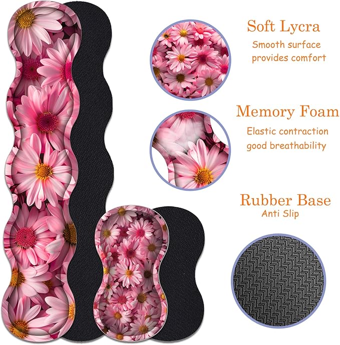 Large Gaming Mouse Pad + Keyboard Wrist Rest + Wrist Support + Coaster Set Memory Foam Ergonomic for Easy Typing XXL Extended Gaming Mouse Pad Table Pad - Pink Daisy