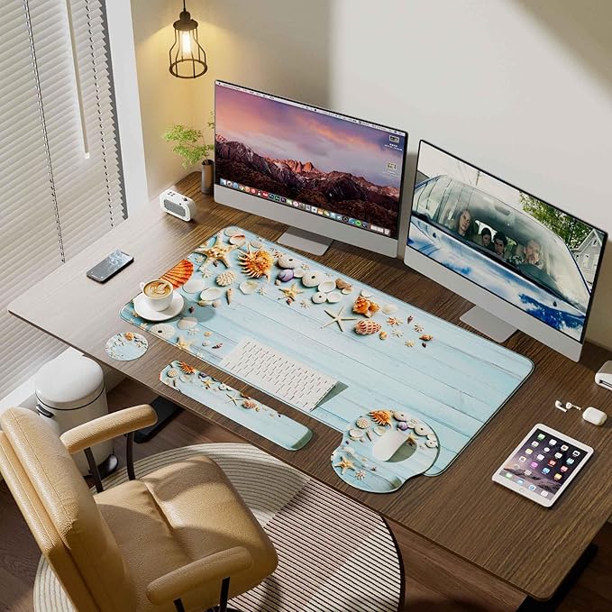 Desk Mat Set + Keyboard and Mouse Pad with Wrist Rest Support4-in-1 Large Mousepad Computer Mats for Desktop Home &amp Office-Blue Shells