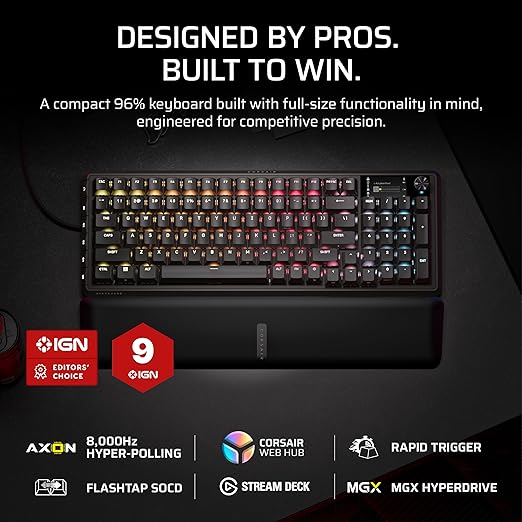 Corsair Vanguard PRO 96 Wired Hall Effect Magnetic Mechanical Gaming Keyboard – 96% Layout MGX Hyperdrive Switches 8000Hz Polling Rapid Trigger Virtual Stream Deck SOCD Flashtap QWERTY US