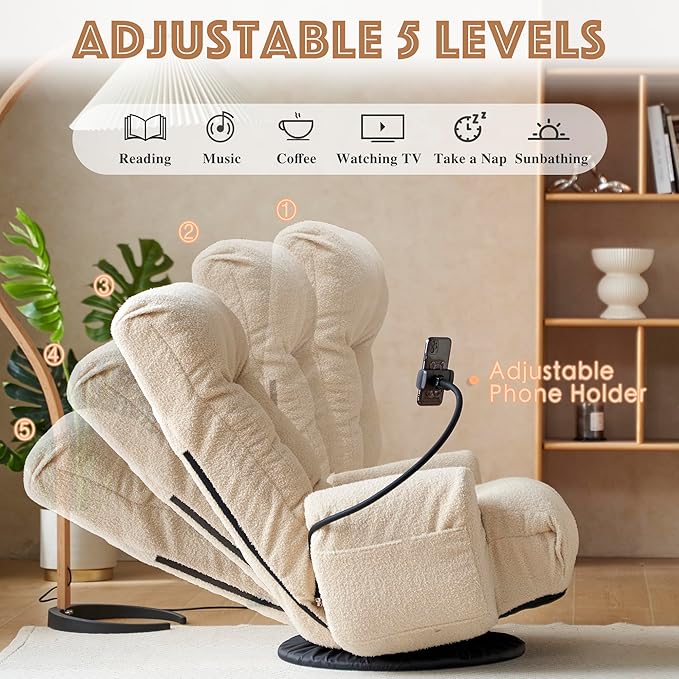 Floor Chair with Back Support Swivel Gaming Chair with 5 Adjustable Position Meditation Chair with Phone Holder Teddy Indoor Lounge Chair for Lazy Boys Living Room Bedroom Lounge Beige
