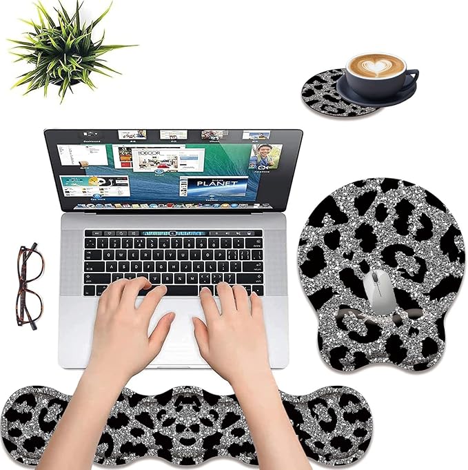 3 in 1 Keyboard Wrist Rest + Mouse Pad and Coaster Ergonomic Gel Mouse Pad and Keyboard Pad Set Comfortable Lightweight for Easy Typing Pain Relie Leopard Print Pattern