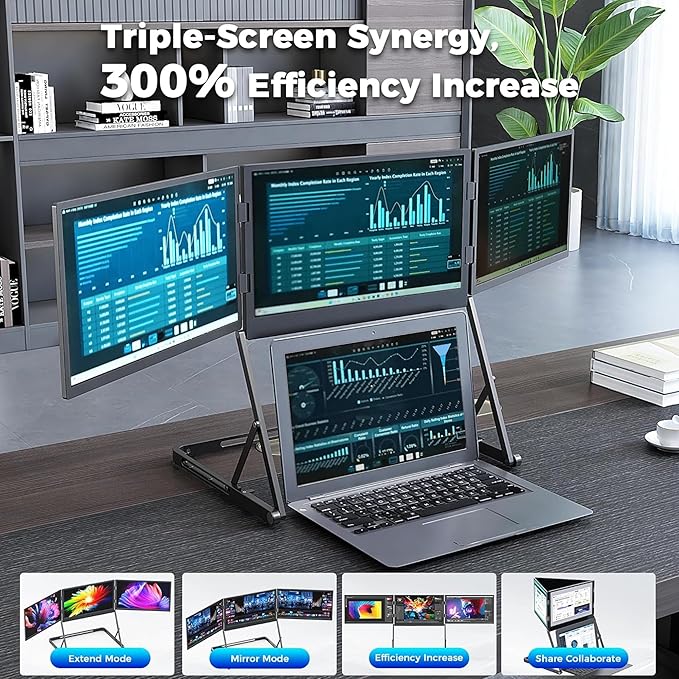 15.6 Laptop Screen Extender Monitor Portable Quad Monitor Just 1 Cable for 3 Screens FHD 1080P IPS Laptop Extender Compatible with Wins/Mac for 13.6 - 17.3 Laptops (Triple screen Grey 15.6)