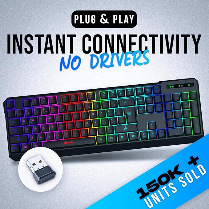 KLIM Chroma Wireless Keyboard – RGB Backlit Gaming Rechargeable Battery PC Keyboard Durable &amp Water-Resistant Compatible with PS4 PS5 &amp Mac - Black