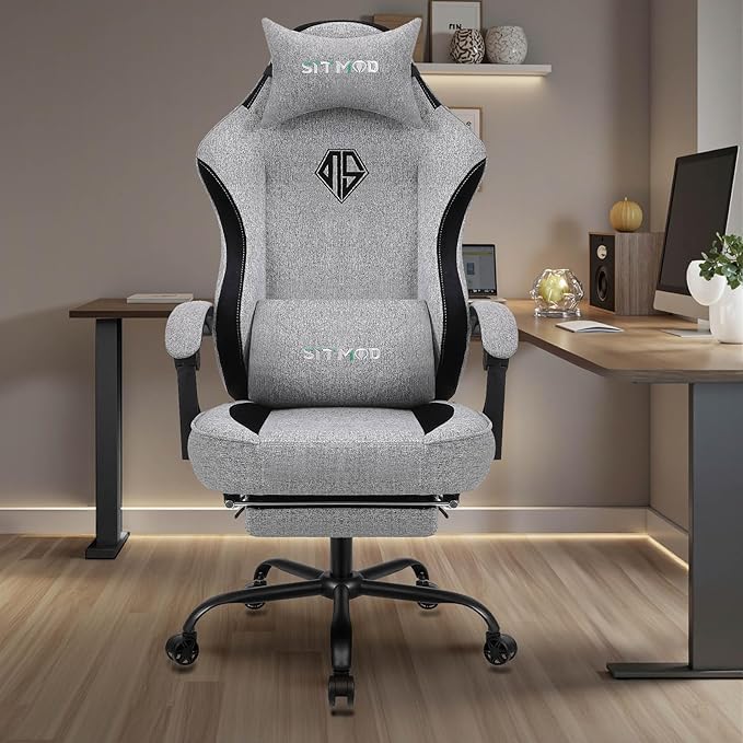 Gaming Chair Computer Office Chair with Foot Rest Ergonomic Fabric Desk Chair with Adjustable Lumbar Support &amp Headrest Comfortable PC Reclining Gaming Chairs for Adults Silla Gamer 350lbs