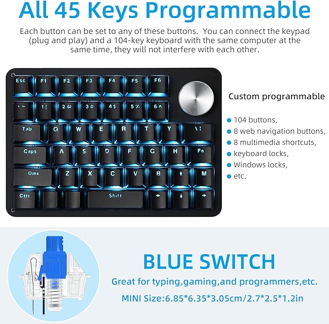 Koolertron One Handed Mechanical Gaming Keyboard with 24 Macro Keys 45-Key Fully Programmable Mini Keypad Mini USB Macro Keyboard with Rotating Knob Blue Backlit for Windows PC Gamers