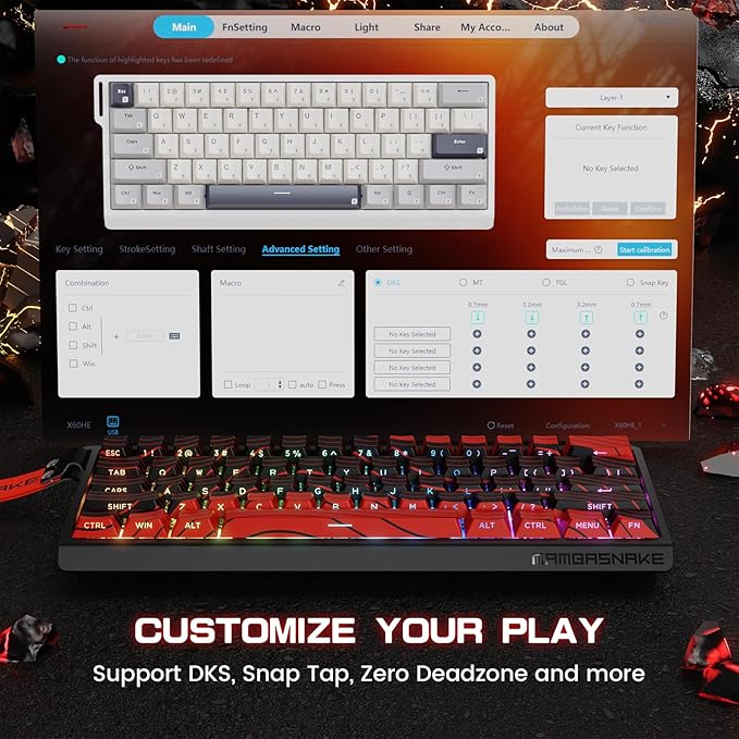 MAMBASNAKE X60 HE Magnetic Switch Keyboard Adjustable ActuationBT/2.4G/Wired Tri-Mode 60% Percent Mechanical Gaming Keyboard8KHz Polling Rate Rapid TriggerWeb Driver for Win/Mac-Black &amp Red