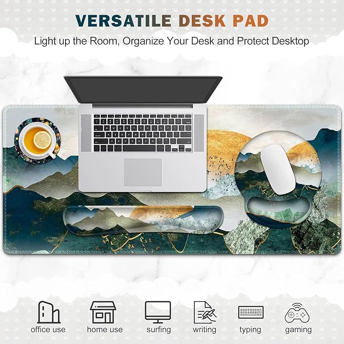 Gaming Mouse Pad Large Desk Mat Cute Desk Pad Protector 4in1 XXL Mousepad +Keyboard Wrist Rest+Mouse Wrist Rest+Coaster Set with Ergonomic Desk Pad for Home Office Table Computer Green Mountain