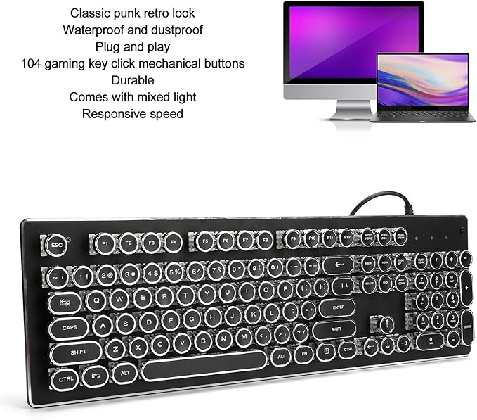 Pomya Retro Wired Gaming Mechanical Keyboard Key Click with 104 Keys Mixed Light Ergonomic Design Sensitive and Convenient 1.5m/4.9ft Plug and Play (Black)