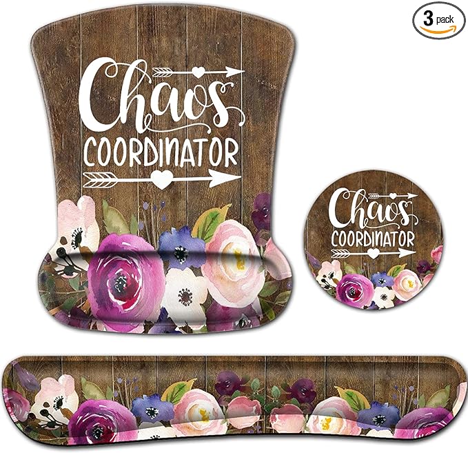 Mouse Pad Wrist Guard and Keyboard Wrist RestOffice Desk Accessories Chaos Coordinator Quotes Vintage Watercolor Floral Mouse Pad Office Decor for Women Office Gifts Desk Decor