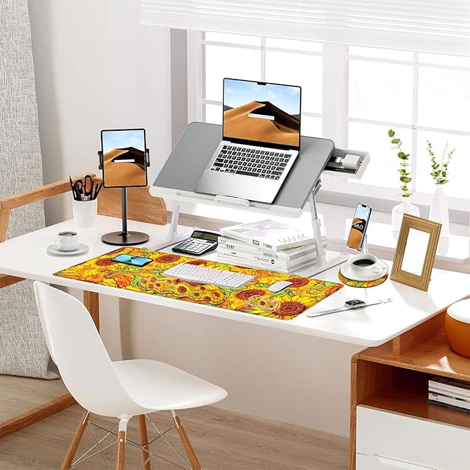 Keyboard Mouse Pad Set Extended Gaming Mouse Pad+Ergonomics Keyboard Wrist Rest Support Memory Foam Easy Typing Pain Relief 4Pcs XL Ultra Thick Desk MatVibrant Sunflower Field