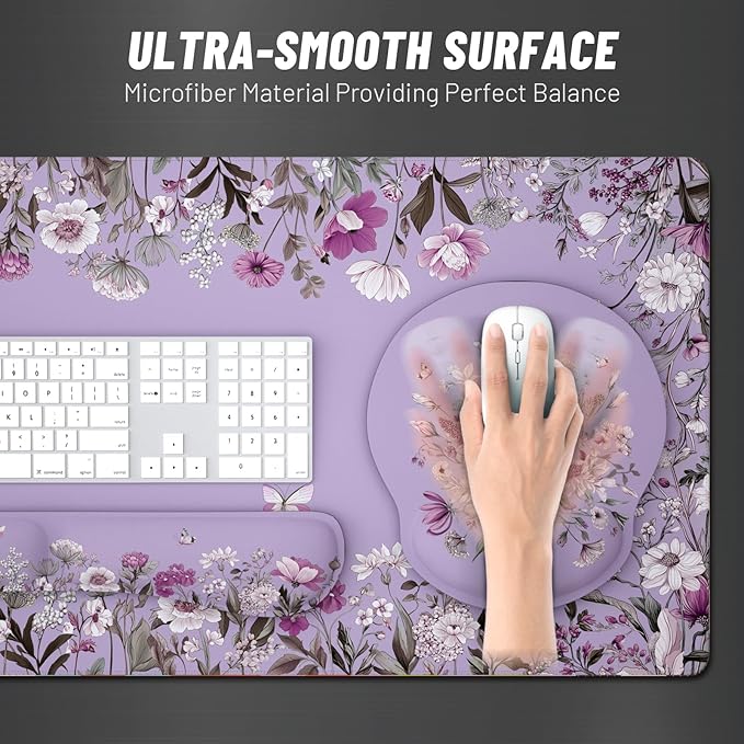 Ovenbird Mouse Pad Set 4-in-1 | Large Gaming Mousepad Keyboard Wrist Rest Mouse Wrist Support Coaster | Ergonomic Office Desk Mat Accessories for Women Men | 4PCS 35.4 x 15.7in Purple Floral