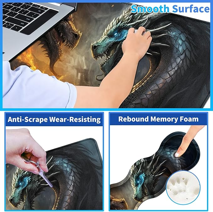 4Pcs Memory Foam Keyboard Mouse Wrist Rest Pad + Gaming Desk Mat 31.5 * 11.8 with Stitched Edges + Mouse Wrist Cushion + Coasters Non-Slip Desk Pad Protector for Laptop Desktop Flame Dragon