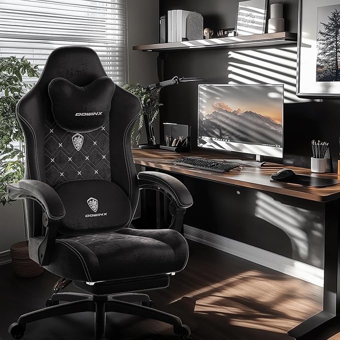 Dowinx Fabric Gaming Chair with Heated Massage Lumbar Support Big and Tall Ergonomic Office Chair with Pocket Spring Cushion and Footrest High Back Computer Chair for Adults 350lbs Deep Black