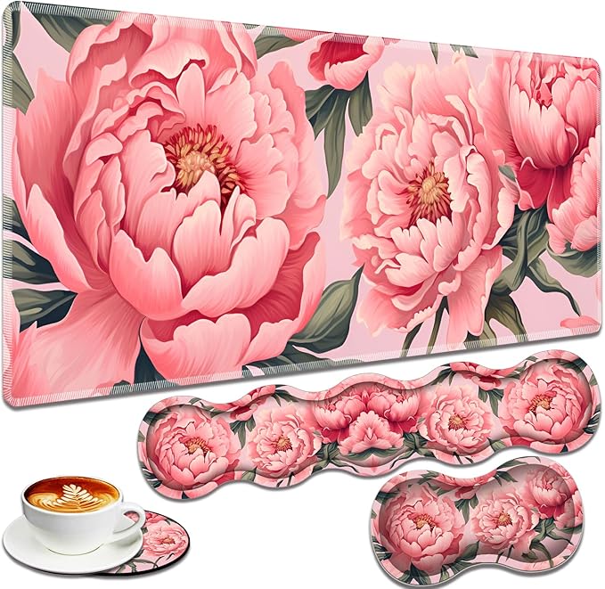 Large Gaming Mouse Pad + Keyboard Wrist Rest + Wrist Support + Coaster Set Memory Foam Ergonomic for Easy Typing XXL Extended Gaming Mouse Pad Table Pad - Art Pink Flowers