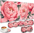 Large Gaming Mouse Pad + Keyboard Wrist Rest + Wrist Support + Coaster Set Memory Foam Ergonomic for Easy Typing XXL Extended Gaming Mouse Pad Table Pad - Art Pink Flowers