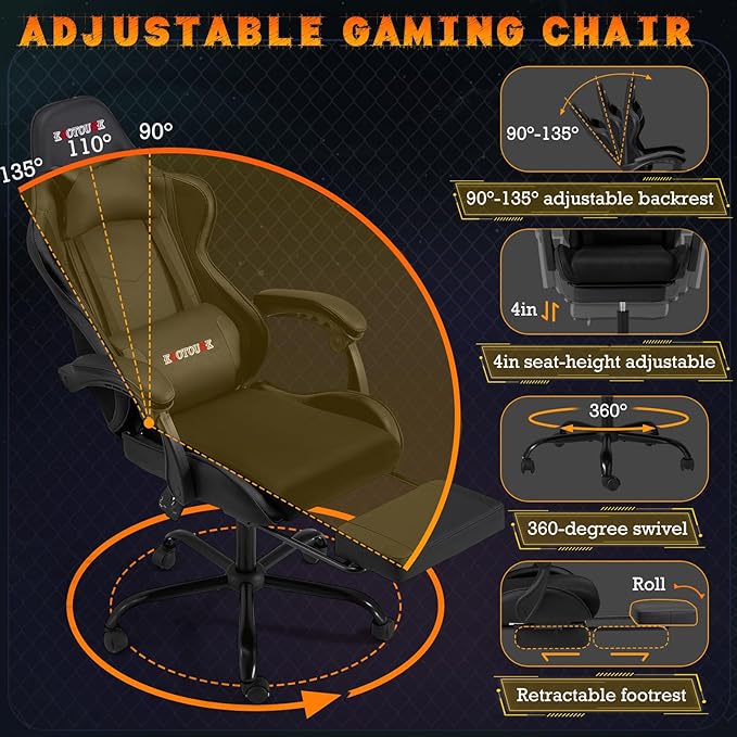ECOTOUGE Ergonomic Gaming Chair Video Game Chair with Removable Back Cushion Gamer Chair with Massage Lumbar Pillow &amp Footrest Computer Office Gaming Chair with Reclining Backrest Black