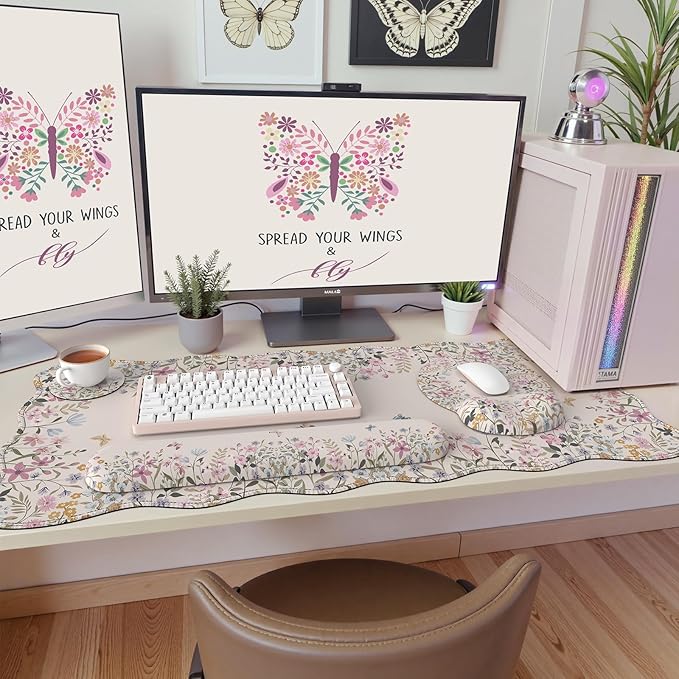 iCasso Desk Mat SetLarge Mouse Pad with Wrist RestErgonomic Keyboard Wrist Support for WomenGirly Floral Computer Mat with Scalloped EdgesNon-Slip Desk Pad Home Office Gaming (Beige)