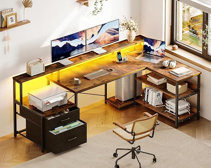 ODK L Shaped Desk with File Drawer 66 Reversible L Shaped Computer Desk with Power Outlet &amp LED Strip Office Desk with Storage Shelves Gaming Desk with Monitor Shelf Corner Desk Vintage