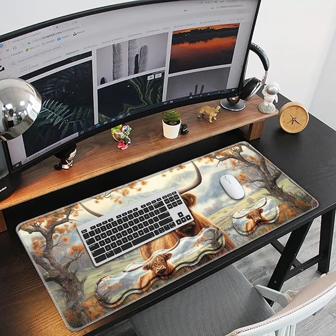 Keyboard Mouse Pad SetLarge Mouse Pad+Keyboard Wrist Rest+Wrist Support+Coaster31.5x11.8in Extended Desk Mat for Computer Laptop Office Home-Highland Cow