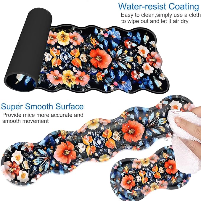 Desk Mat Mouse Pad with Wrist Rest 4-in-1 Large Mouse Pads for Desk Ergonomic Mouse Pad and Keyboard Wrist Rest Gaming Keyboard Mat for OfficeBeautiful Flowers