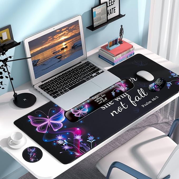 Keyboard Wrist Rest + Mouse Pad with Wrist Support + Desk Mat + Coaster 4 in 1 SetDesk Matt for DesktopCute Large Gaming Ergonomic Mousepad for Computer Laptop Office Home Decor-Purple Butterfly