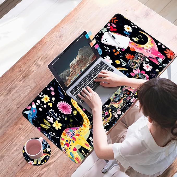 Mouse PadLarge Desk Mat Set 4in1 XL Mousepad + Keyboard Wrist Rest+Mouse Wrist Rest+Coaster with Ergonomic Desk Pad for Home Office Table Computer Cover -Colorful Floral Dinosaurs Art