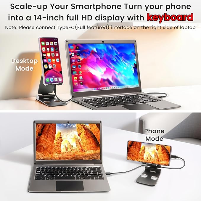 Portable Monitor with Keyboard14inch 1080P FHD Lapdock Compatible with Mini PC/Phone/PC/Game ConsoleCrowView Note with RPi5 &amp Jetson Adapters(Full Feature TypeC &amp HDMI Cable Included)