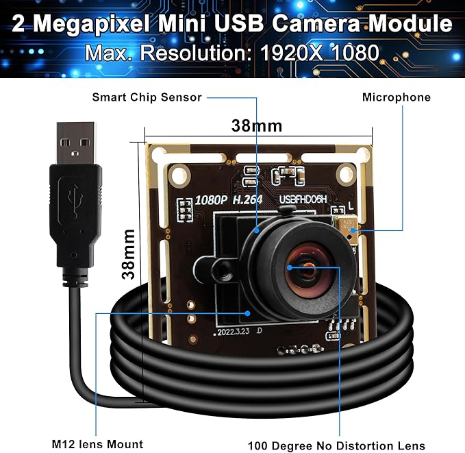 1080P USB Camera Module 30fps Video Camera Wide Angle Webcam No Distortion H.264 Low Light with Microphone for Windows Android Linux Mac PC Laptop