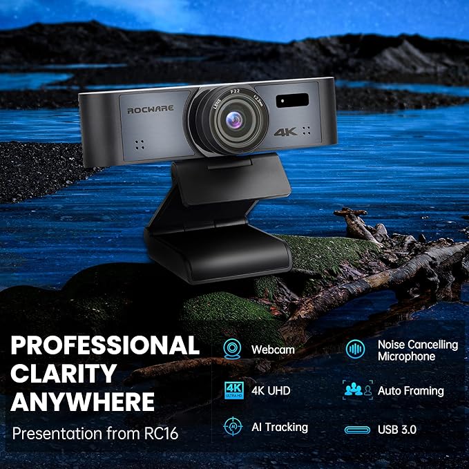 ROCWARE 4K Webcam with Remote RC16 Computer Camera with Microphone1080p 60fps FHDAI TrackingPrivacy Cover WDR110°FOV8X Digital ZoomStreaming Camera for PC/Meeting/Teaching/Zoom