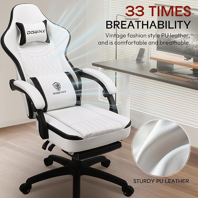 Dowinx Gaming Chair Breathable PU Leather Gamer Chair with Footrest Massage Lumbar Support Big and Tall Ergonomic Reclining Computer Chair with Pocket Spring Cushion for Adults Teens (Black&ampWhite