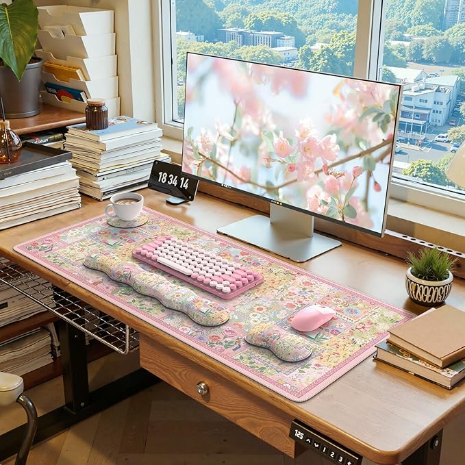 iLeadon Cute Floral Desk Mat Set Non Slip Mouse Pad with Wrist Support Wrist Pad for Keyboard Desk Mat with Wrist Rest Ergonomic Mouse Pad Set for Women Home Office (Pink)