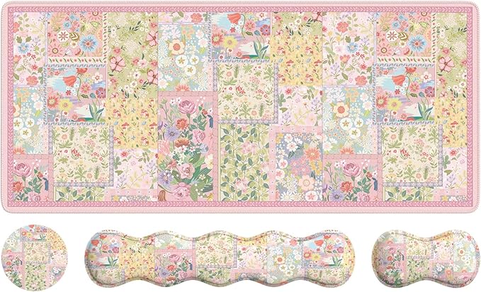 iLeadon Cute Floral Desk Mat Set Non Slip Mouse Pad with Wrist Support Wrist Pad for Keyboard Desk Mat with Wrist Rest Ergonomic Mouse Pad Set for Women Home Office (Pink)
