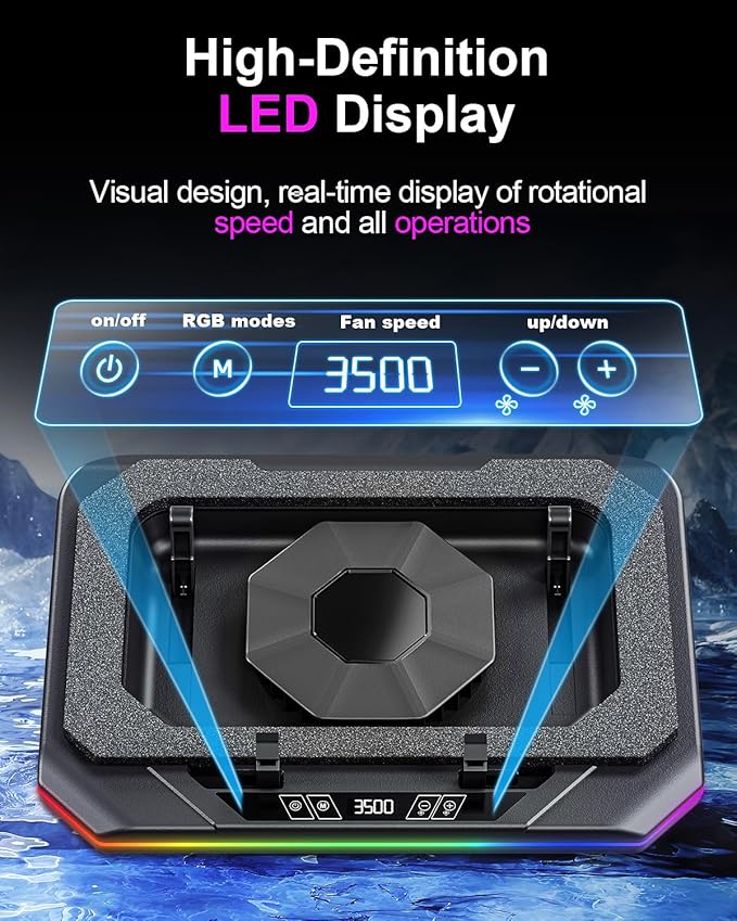 MOUNT PRO Gaming Laptop Cooling Pad RGB Laptop Cooler Stand with Powerful Turbofan (3500 RPM) Height Adjustable Laptop Fan Cooling Pad for 13-19 Inches Notebook with Sealed Foam Touch Control