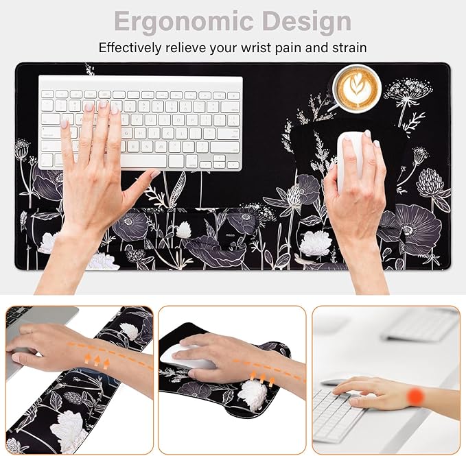 MOSISO Keyboard Mouse Pad Set Large Gaming Mouse Pad&ampKeyboard Wrist Rest&ampMouse Wrist Rest&ampCoaster Ergonomic Non-Slip Retro Flower Floral Mousepad with Raised Memory Foam for Home Office