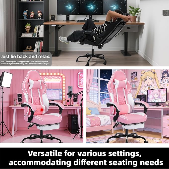 Gaming Chair with Footrest Ergonomic Computer Gaming Chair with Massage Lumbar Support and Pocket Spring Cushion Reclining Adult Gaming Chair for Home Office (Pink)
