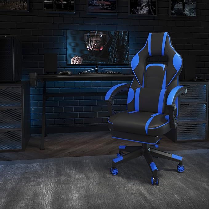 EMMA + OLIVER Black/Blue Ergonomic Gaming Chair -Recline Back/Arms Footrest Massaging Lumbar