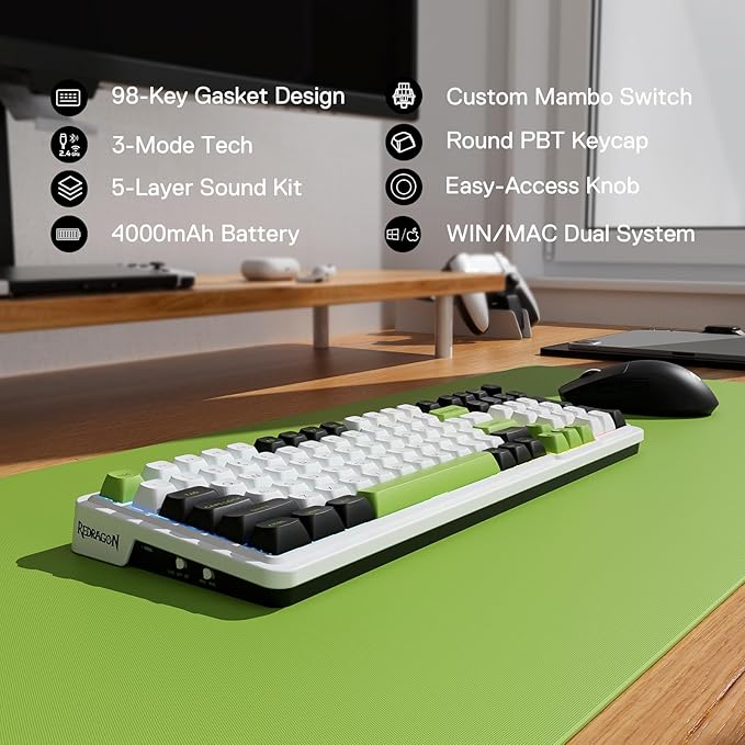 Redragon K686 PRO 98 Keys Wireless Gasket RGB Gaming Keyboard 3-Mode PBT Mechanical Keyboard w/Hot-Swap Socket Dedicated Knob Control &amp 5-Layer Noise Dampening Custom Linear Switch