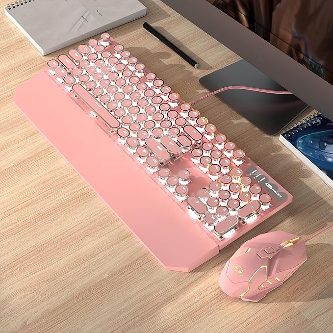 Typewriter Mechanical Gaming Keyboard and Mouse Combo Retro Punk Round Keycaps RGB Rainbow Backlit Wired Keyboard for Game and Office for Windows Laptop PC Red Switches(Pink)