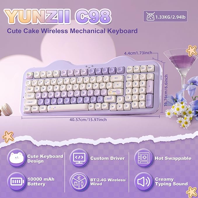 YUNZII C98 Wireless Mechanical Keyboard with Number Pad99 Key BT5.0/2.4G/USB-C Hot Swap Gasket Mount with PBT MOA KeycapsCustom RGBCute Cake Keyboard for Win/Mac (Purple Candy Linear Switch)