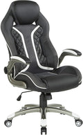 OSP Home Furnishings Xplorer 51 Ergonomic Adjustable High Back Gaming Chair with Lumbar Support and Padded Flip Arms Black Faux Leather with White Trim