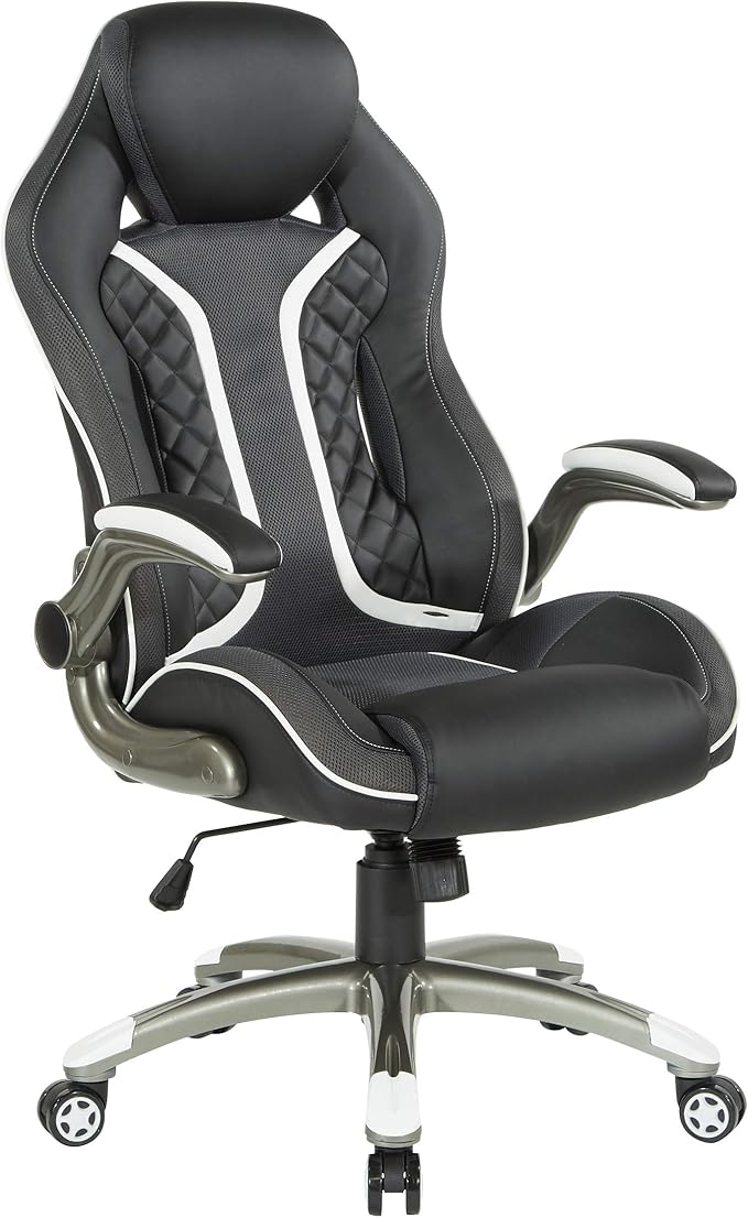 OSP Home Furnishings Xplorer 51 Ergonomic Adjustable High Back Gaming Chair with Lumbar Support and Padded Flip Arms Black Faux Leather with White Trim
