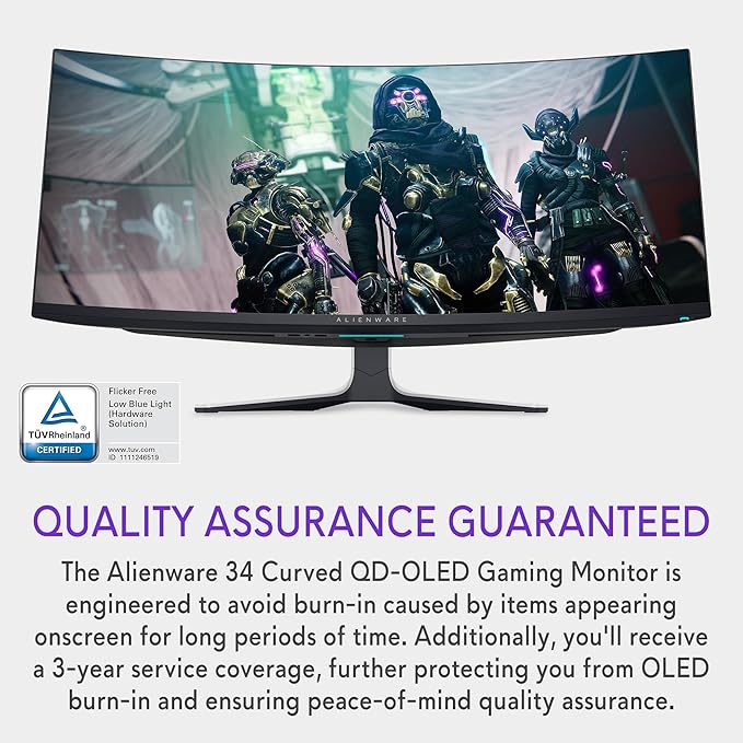 Alienware AW3423DW Curved Gaming Monitor 34.18 inch Quantom Dot-OLED 1800R Display 3440x1440 Pixels at 175Hz True 0.1ms Gray-to-Gray 1M:1 Contrast Ratio 1.07 Billions Colors - Lunar Light
