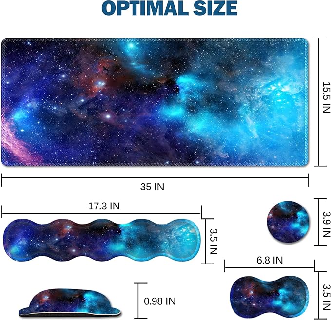 Extended Gaming Mouse Pad Keyboard Wrist Rest Pad Wrist Support Mousepad Set Artso Large Rubber Base Stitched Edges Multifunctional Desk Pad (35 x15.5 in) for Work Office Home Universe Galaxy