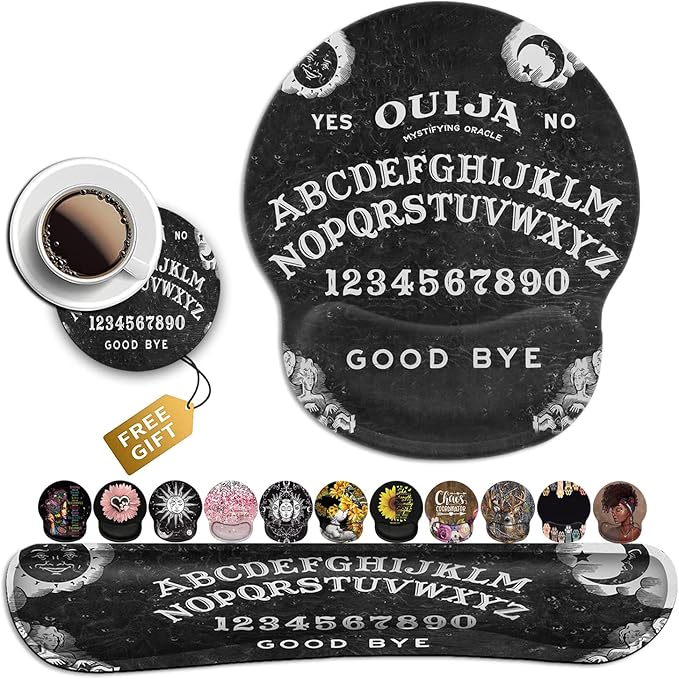 Black Mouse Pad with Stitched Edge Non-Slip Rubber Base Ouija Board Witch Pattern MousePad with Wrist Guard and Keyboard Wrist GuardOffice Accessories Desk Decor for Computers Laptop Cartoon